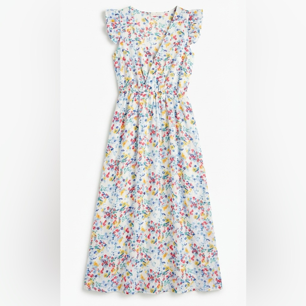 Version Feminin Floral Smocked Midi Dress Flutter Sleeve Ditsy Print Size S